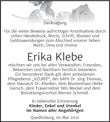 Traueranzeige von Erika Klebe von Trauerkombi Quedlinburg