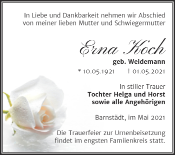 Traueranzeige von Erna Koch von Trauerkombi Merseburg