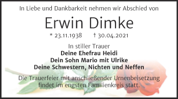 Traueranzeige von Erwin Dimke von Trauerkombi Bitterfeld