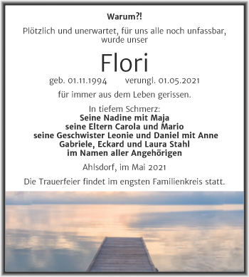 Traueranzeige von Flori  von Trauerkombi Mansfelder Land