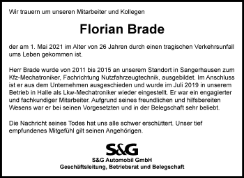 Traueranzeige von Florian Brade von Mitteldeutsche Zeitung Mansfelder Land