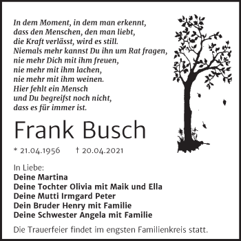 Traueranzeige von Frank Busch von Trauerkombi Mansfelder Land