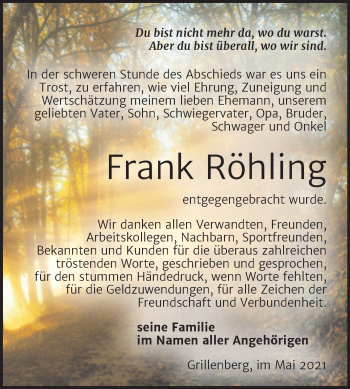 Traueranzeige von Frank Röhling von Trauerkombi Sangerhausen