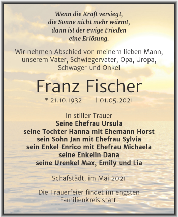 Traueranzeige von Franz Fischer von Trauerkombi Merseburg