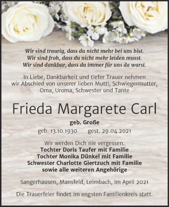 Traueranzeige von Frieda Margarete Carl von Trauerkombi Sangerhausen