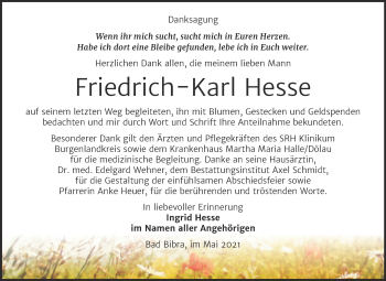 Traueranzeige von Friedrich-Karl Hesse von Naumburger Tageblatt