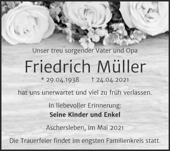 Traueranzeige von Friedrich Müller von Wochenspiegel Aschersleben