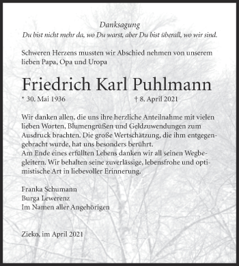 Traueranzeige von Friedrich Karl Puhlmann von Trauerkombi Wittenberg
