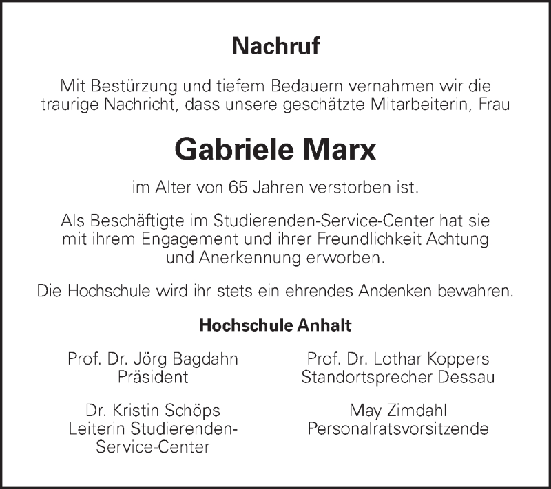  Traueranzeige für Gabriele Marx vom 04.05.2021 aus Mitteldeutsche Zeitung Dessau-Roßlau