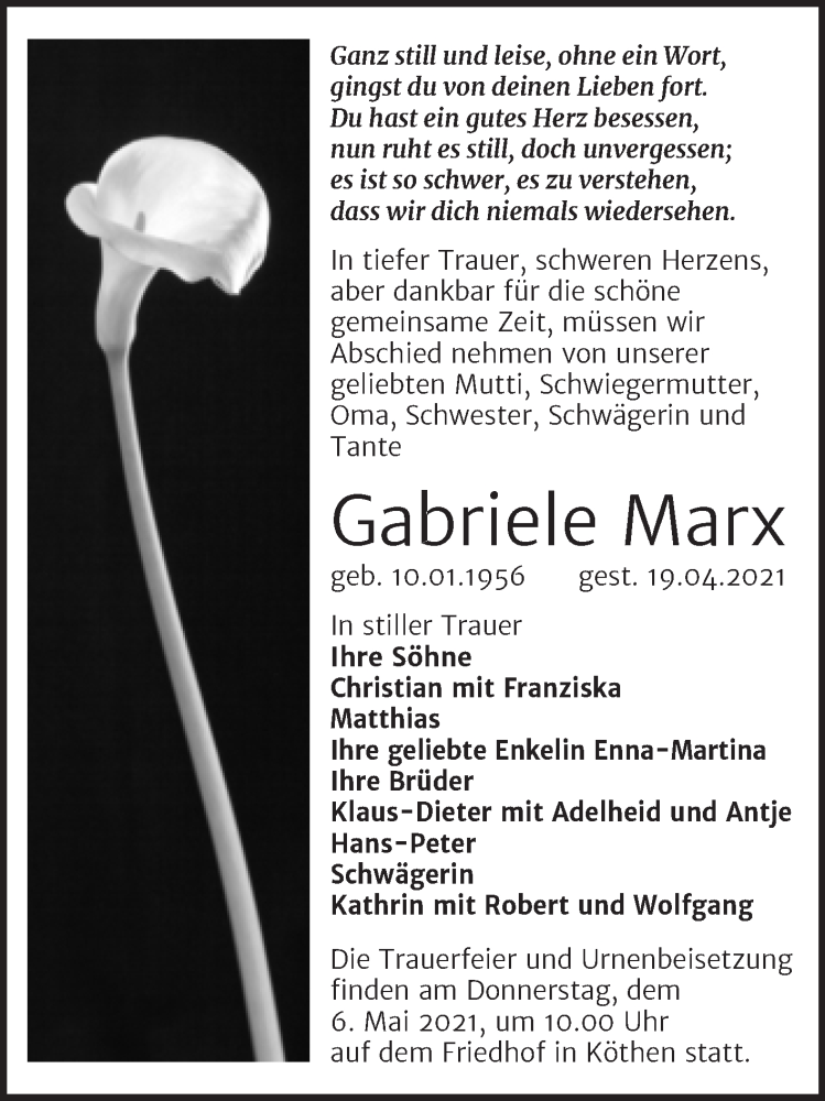  Traueranzeige für Gabriele Marx vom 01.05.2021 aus Trauerkombi Köthen