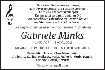 Traueranzeige von Gabriele Minks von Wochenspiegel Weißenfels
