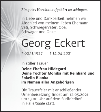Traueranzeige von Georg Eckert von Mitteldeutsche Zeitung Halle/Saalkreis