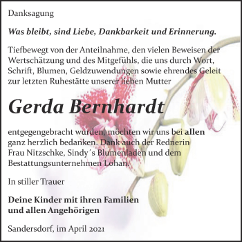 Traueranzeige von Gerda Bernhardt von Trauerkombi Bitterfeld
