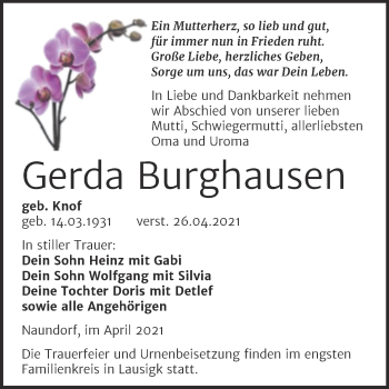 Traueranzeige von Gerda Burghausen von Mitteldeutsche Zeitung Köthen