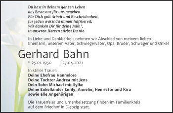 Traueranzeige von Gerhard Bahn von Trauerkombi Köthen