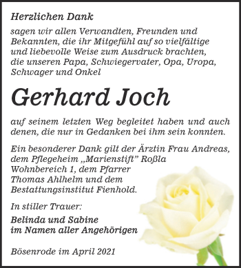 Traueranzeige von Gerhard Joch von Trauerkombi Sangerhausen