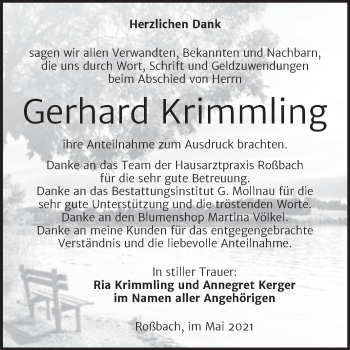 Traueranzeige von Gerhard Krimmling von Trauerkombi Merseburg