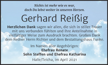 Traueranzeige von Gerhard Reißig von Mitteldeutsche Zeitung Halle/Saalkreis