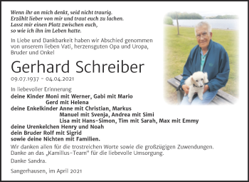 Traueranzeige von Gerhard Schreiber von Trauerkombi Sangerhausen