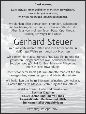 Traueranzeige von Gerhard Steuer von Trauerkombi Bernburg