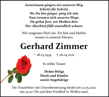 Traueranzeige von Gerhard Zimmer von Trauerkombi Bitterfeld