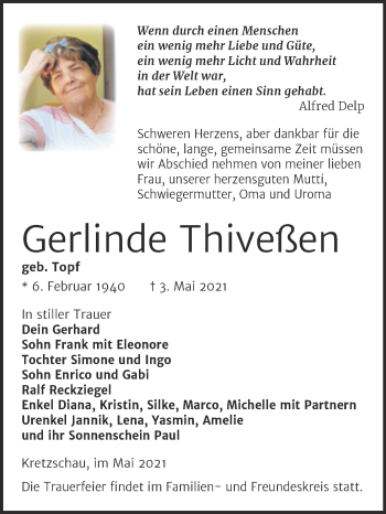 Traueranzeige von Gerlinde Thiveßen von Trauerkombi Zeitz