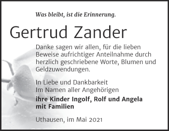 Traueranzeige von Gertrud Zander von Trauerkombi Wittenberg