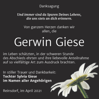 Traueranzeige von Gerwin Giese von Trauerkombi Köthen