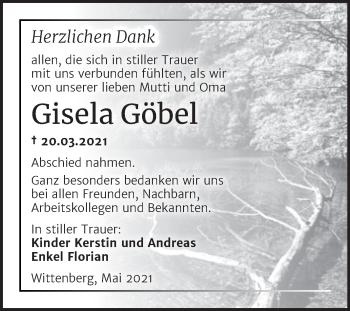 Traueranzeige von Gisela Göbel von Trauerkombi Wittenberg