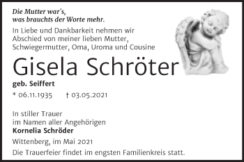 Traueranzeige von Gisela Schröter von Trauerkombi Wittenberg