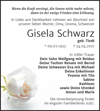 Traueranzeige von Gisela Schwarz von Trauerkombi Wittenberg