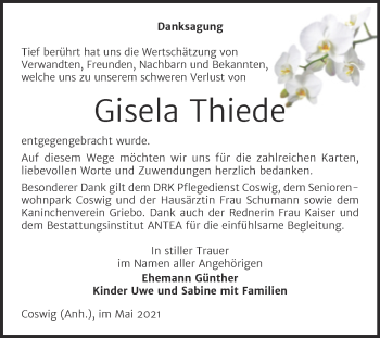 Traueranzeige von Gisela Thiede von Trauerkombi Wittenberg