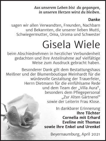 Traueranzeige von Gisela Wiele von Trauerkombi Sangerhausen