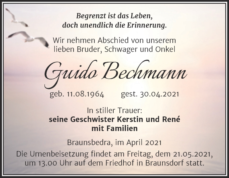 Traueranzeige für Guido Bechmann vom 08.05.2021 aus Trauerkombi Merseburg