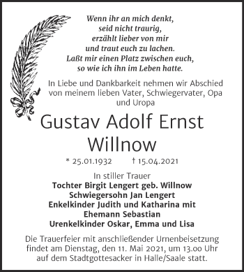 Traueranzeige von Gustav Adolf Ernst Willnow von Mitteldeutsche Zeitung Halle/Saalkreis