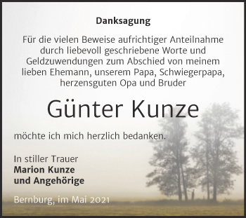 Traueranzeige von Günter Kunze von Trauerkombi Bernburg