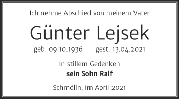 Traueranzeige von Günter Lejsek von Trauerkombi Zeitz