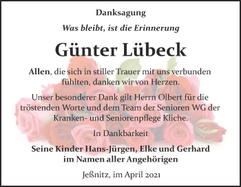 Traueranzeige von Günter Lübeck von Trauerkombi Bitterfeld