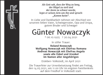 Traueranzeige von Günter Nowaczyk von Trauerkombi Mansfelder Land