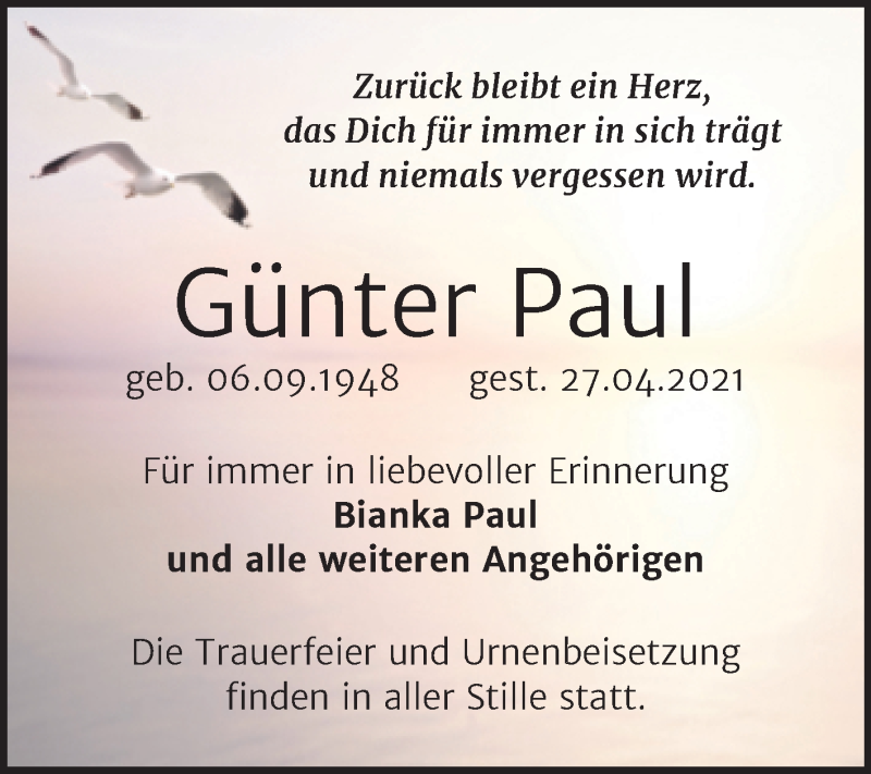  Traueranzeige für Günter Paul vom 04.05.2021 aus Trauerkombi Aschersleben