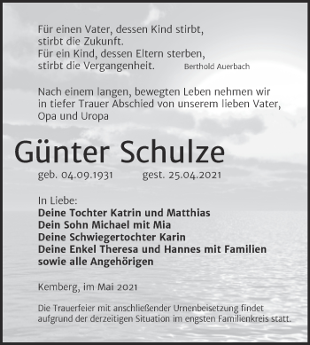 Traueranzeige von Günter Schulze von Trauerkombi Wittenberg
