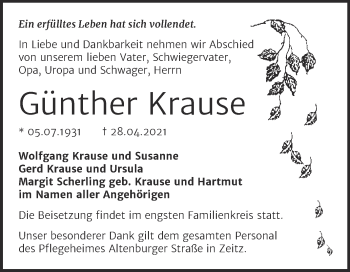 Traueranzeige von Günther Krause von Trauerkombi Zeitz