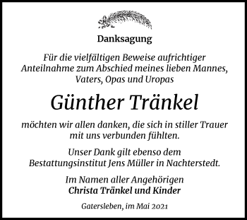 Traueranzeige von Günther Tränkel von Trauerkombi Aschersleben