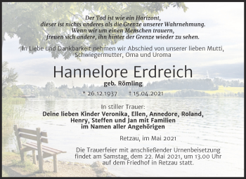 Traueranzeige von Hannelore Erdreich von Trauerkombi Bitterfeld