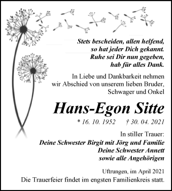 Traueranzeige von Hans-Egon Sitte von Trauerkombi Sangerhausen