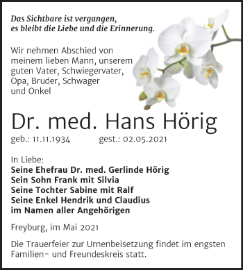 Traueranzeige von Hans Hörig von Naumburger Tageblatt