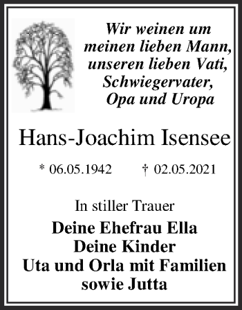 Traueranzeige von Hans-Joachim Isensee von Trauerkombi Dessau