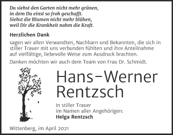 Traueranzeige von Hans-Werner Rentzsch von Trauerkombi Wittenberg