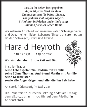 Traueranzeige von Harald Heyroth von Trauerkombi Mansfelder Land