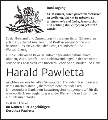 Traueranzeige von Harald Pawletta von Trauerkombi Dessau